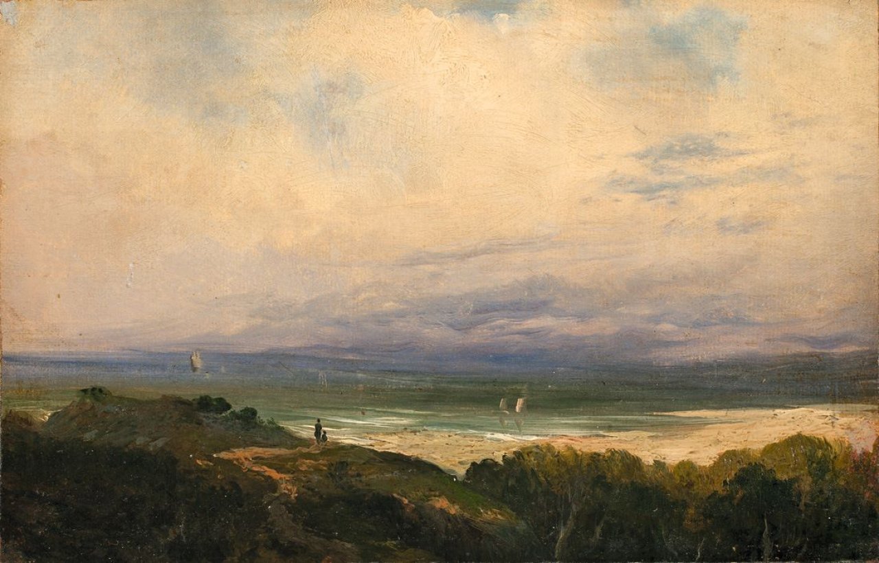 Auf diesem Bild ist das folgende Kunstwerk zu sehen:  Deutsch, um 1840. An der Ostseeküste.