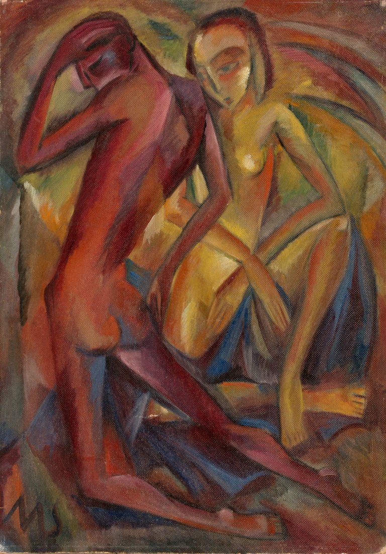Auf diesem Bild ist das folgende Kunstwerk zu sehen: Martel Schwichtenberg. Komposition mit rotem und gelbem Akt (Paar). Um 1920.