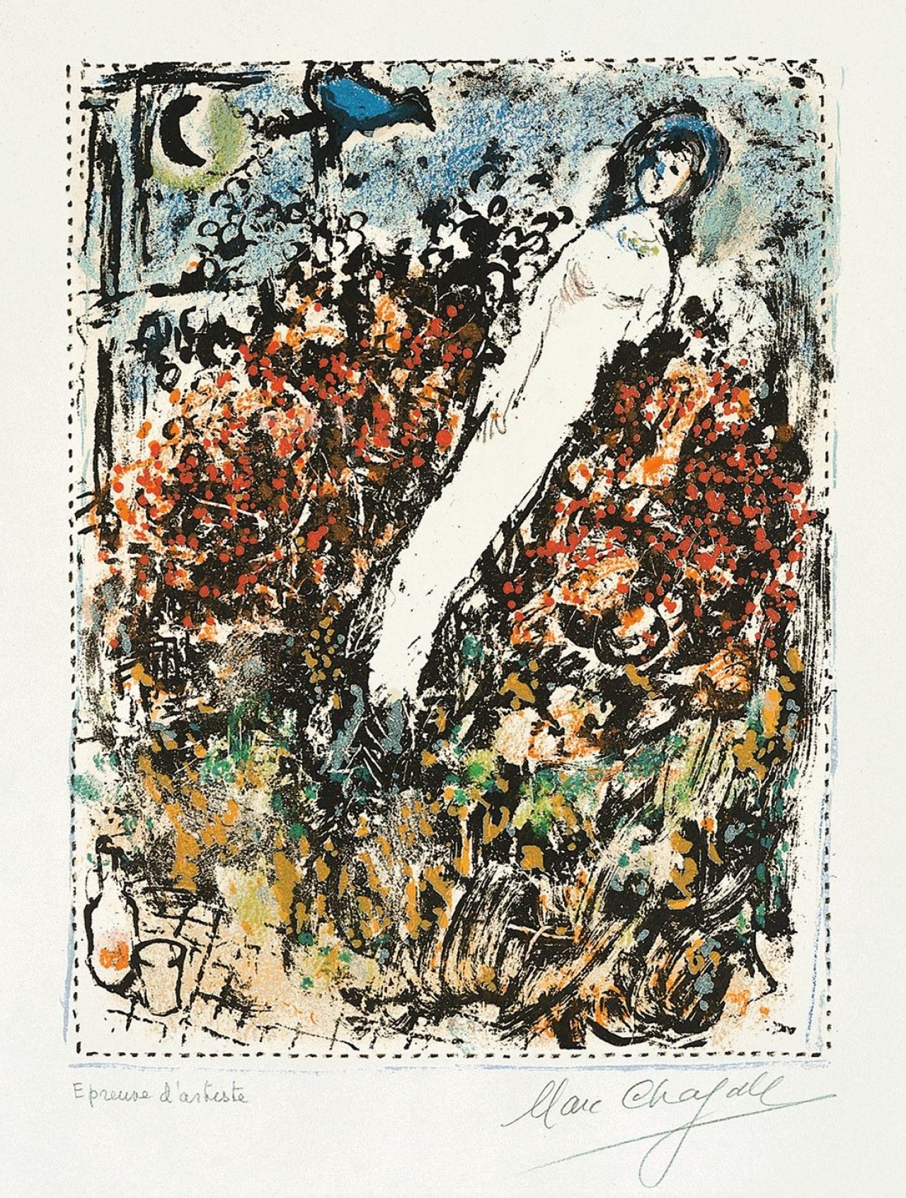 Auf diesem Bild ist das folgende Kunstwerk zu sehen: Marc Chagall. „Mädchen mit Blumenstrauß“. 1969.