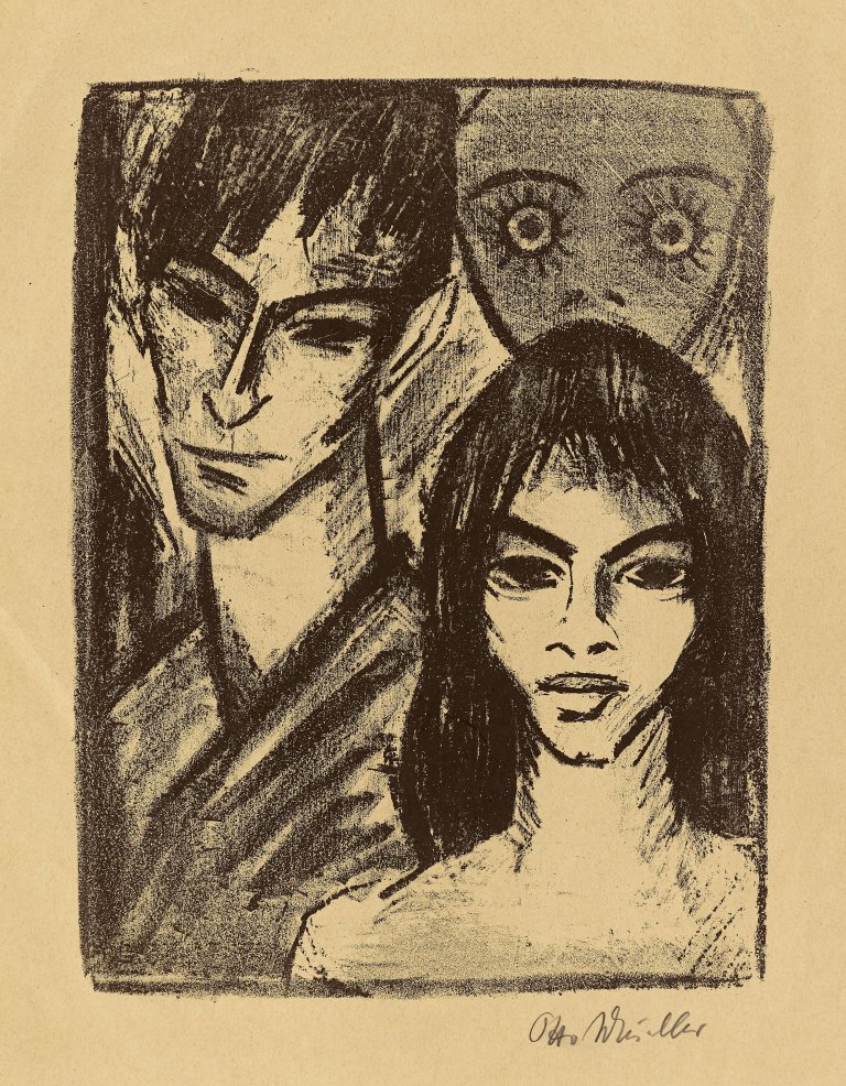 Auf diesem Bild ist das folgende Kunstwerk zu sehen: Otto Mueller. „Selbstbildnis mit Modell und Maske (Paar mit Maske)“. 1921-22.