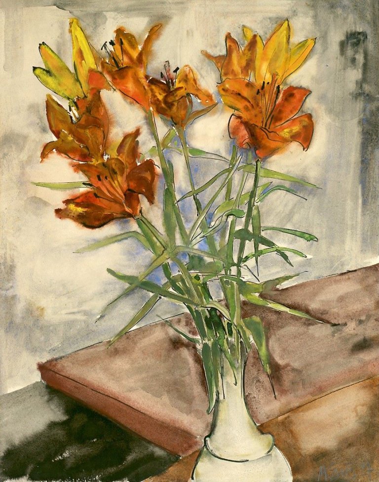 Auf diesem Bild ist das folgende Kunstwerk zu sehen: Max Kaus. Stilleben mit Feuerlilien. 1927.
