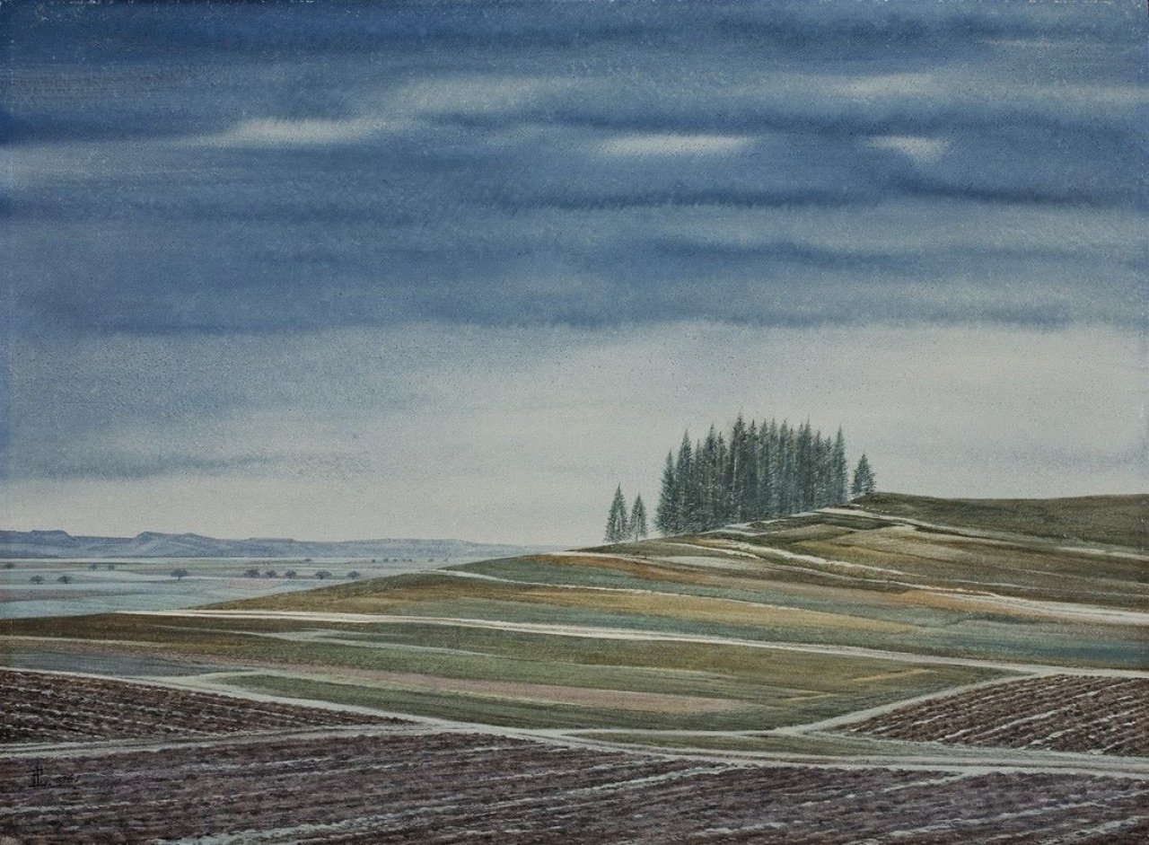 Auf diesem Bild ist das folgende Kunstwerk zu sehen: Franz Lenk. Hohenloher Landschaft. 1961.
