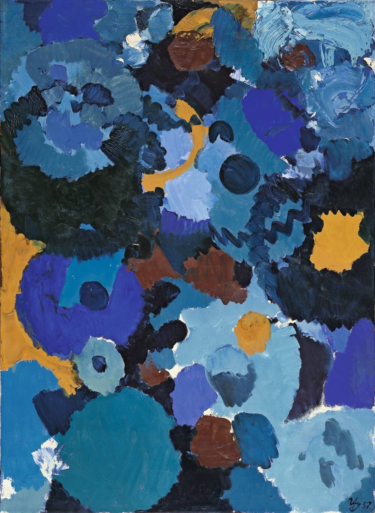 Auf diesem Bild ist das folgende Kunstwerk zu sehen: Ernst Wilhelm Nay. „Spuren in Blau“. 1957.
