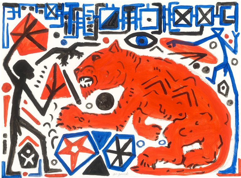 Auf diesem Bild ist das folgende Kunstwerk zu sehen: A.R. Penck. „Mann - roter Löwe“. Um 1990.