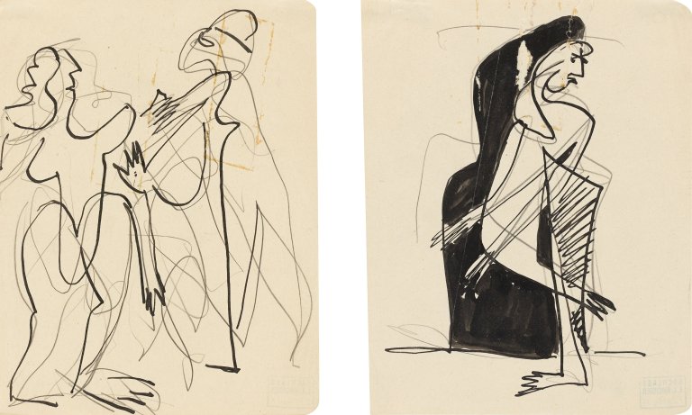 Auf diesem Bild ist das folgende Kunstwerk zu sehen: Ernst Ludwig Kirchner. Mann und Frau / Auf einem Bein. Um 1929/30.