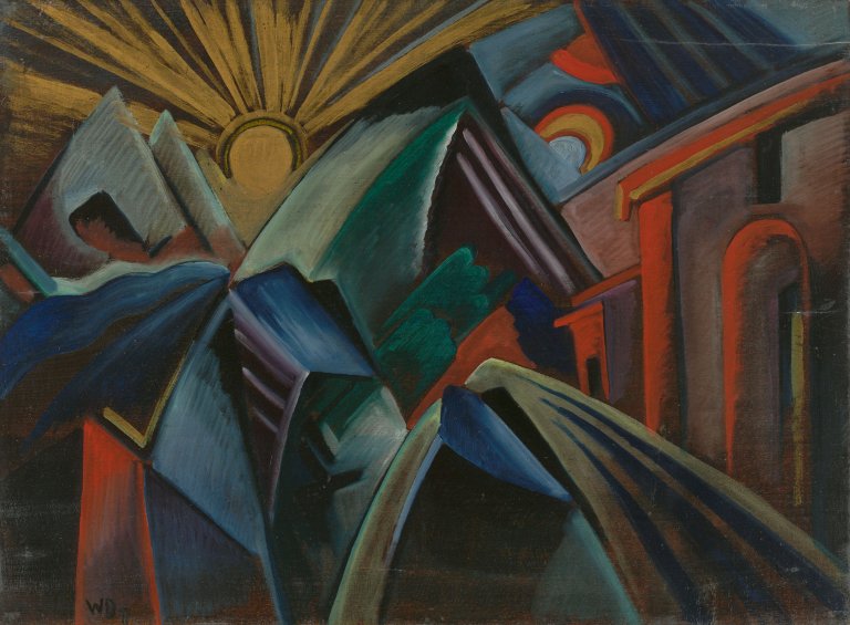 Auf diesem Bild ist das folgende Kunstwerk zu sehen: Walter Dexel. „Gebirgslandschaft nachts“/„Sonnenaufgang über Häusern“. 1917.