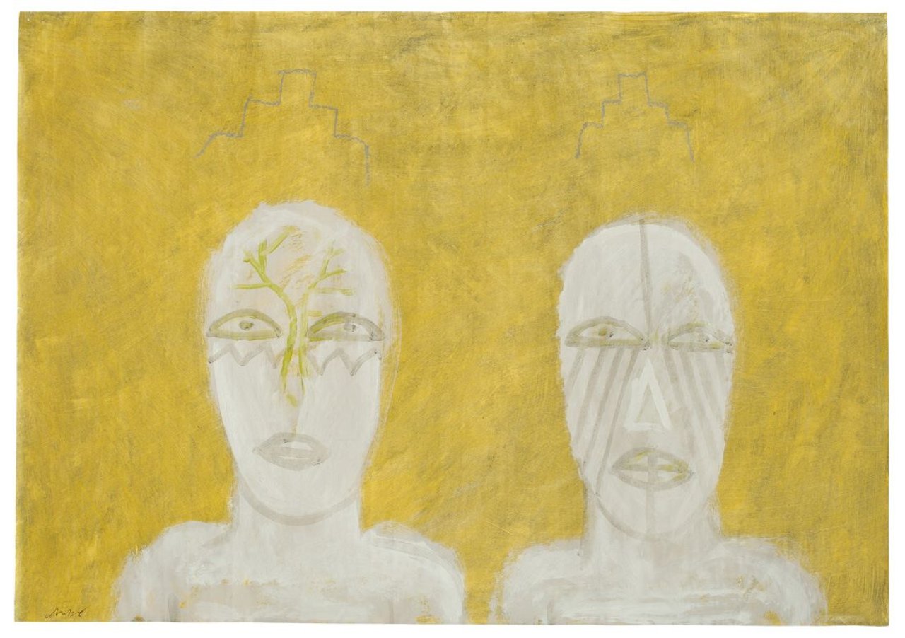 Auf diesem Bild ist das folgende Kunstwerk zu sehen: Horst Antes. „Doppelportrait (frontal) gelb (2 Tableta)“. 1984.