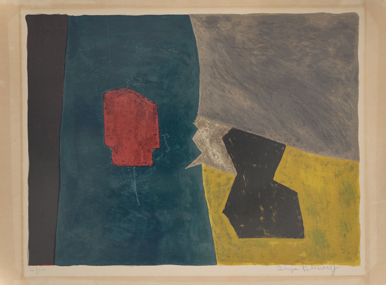 This picture shows the following artwork: Serge Poliakoff. ”Composition bleue, jaune et grise”. 1958.