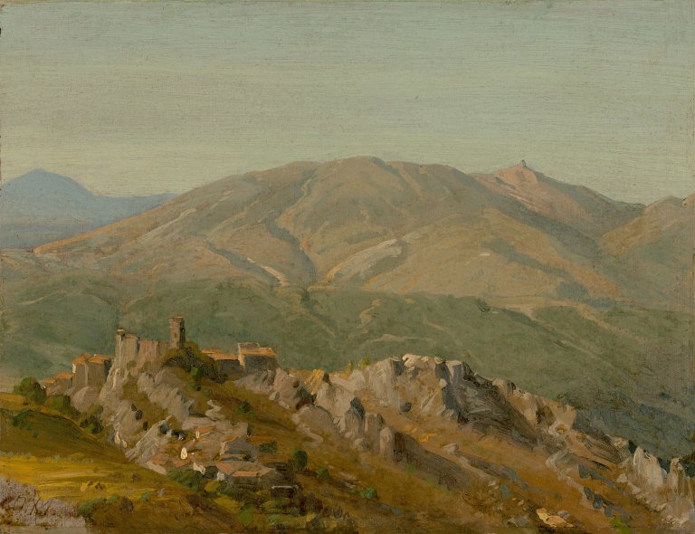 Auf diesem Bild ist das folgende Kunstwerk zu sehen:  Deutsch, um 1840. Blick auf Olevano.
