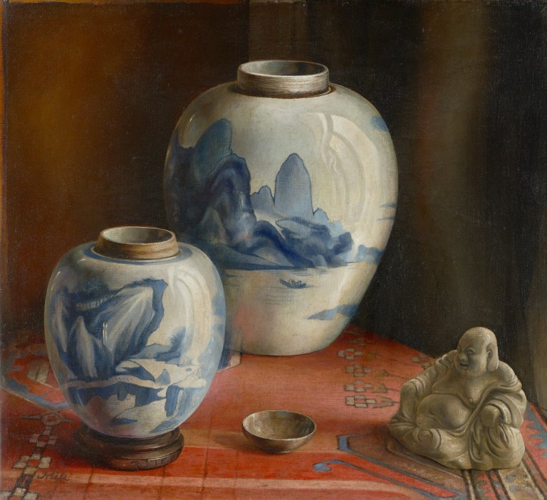 Auf diesem Bild ist das folgende Kunstwerk zu sehen: Emil Orlik. Stillleben mit chinesischen Deckelvasen und kleinem Buddha.
