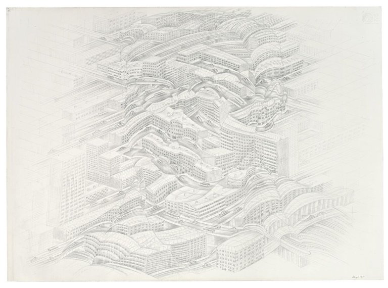 Auf diesem Bild ist das folgende Kunstwerk zu sehen: Thomas Bayrle. „Ich in der Stadt“. 1975.
