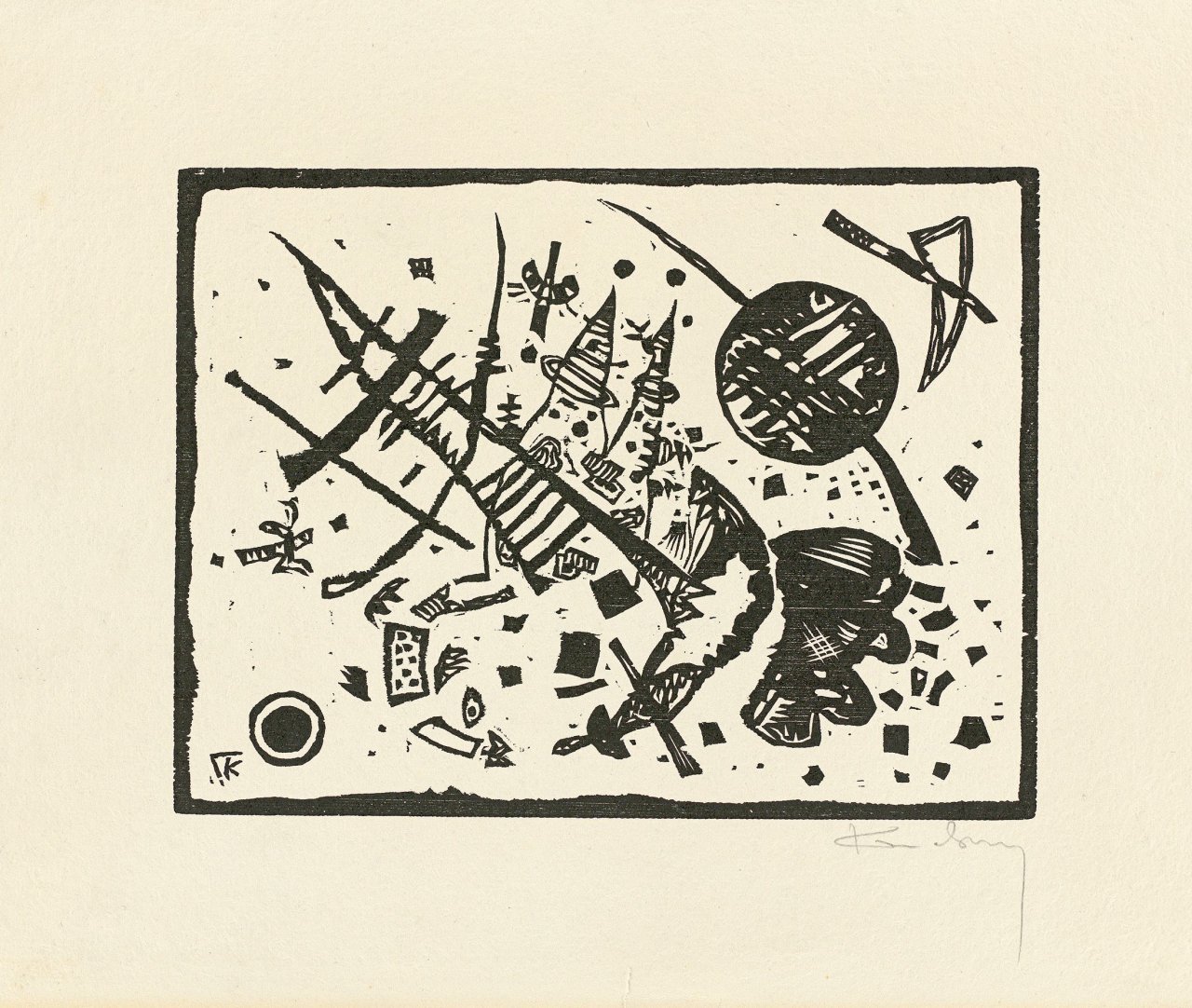 Auf diesem Bild ist das folgende Kunstwerk zu sehen: Wassily Kandinsky. „Holzschnitt für die Ganymed-Mappe“. 1924.