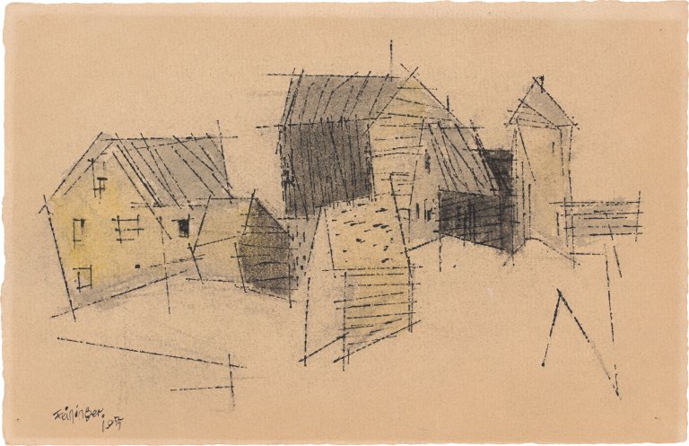 Auf diesem Bild ist das folgende Kunstwerk zu sehen: Lyonel Feininger. Häuser. 1955.