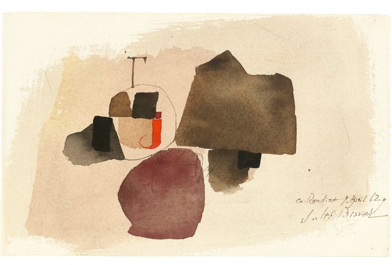 Auf diesem Bild ist das folgende Kunstwerk zu sehen: Julius Bissier. „La Rondine“. 1962.