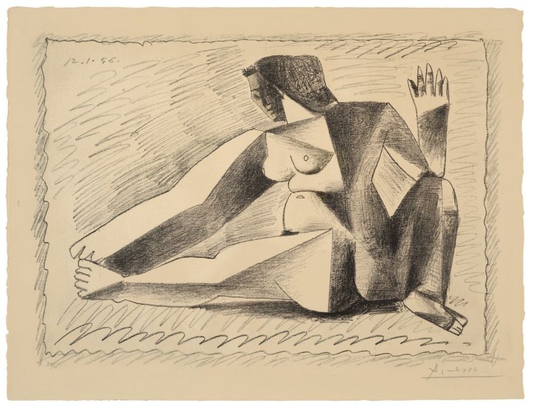 Auf diesem Bild ist das folgende Kunstwerk zu sehen: Pablo Picasso. „Femme accroupie au bras levé“. 1956.
