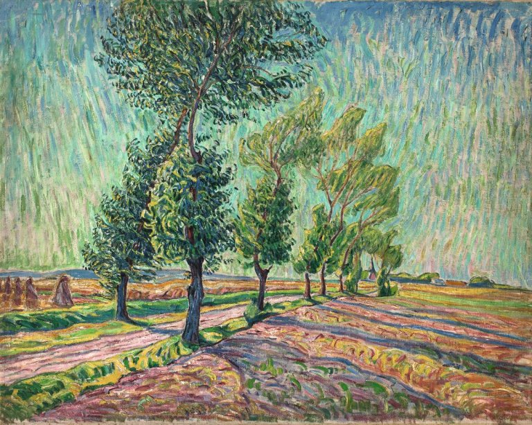 Auf diesem Bild ist das folgende Kunstwerk zu sehen: Theo von Brockhusen. Landschaft mit baumbestandenem Feldweg.