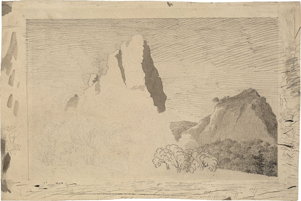 This picture shows the following artwork: Caspar David Friedrich. ”Landschaft mit Felsgipfel”. Circa 1799.