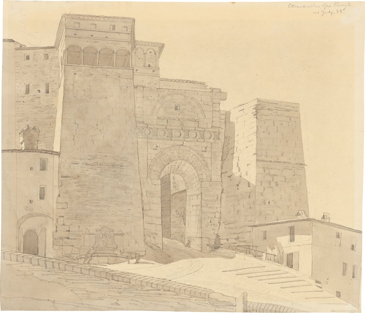 Auf diesem Bild ist das folgende Kunstwerk zu sehen: Johann Carl Baehr. Etruskisches Tor in Perugia. 1828.