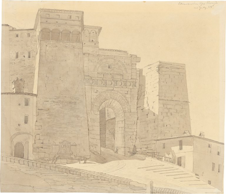 Auf diesem Bild ist das folgende Kunstwerk zu sehen: Johann Carl Baehr. Etruskisches Tor in Perugia. 1828.
