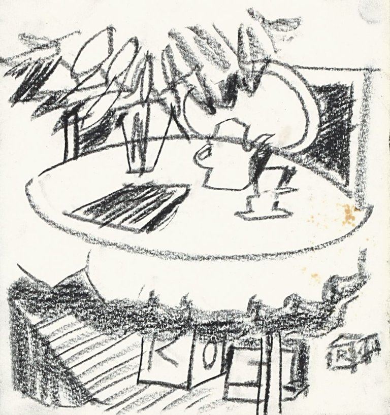 Auf diesem Bild ist das folgende Kunstwerk zu sehen: Matthias Weischer. Ohne Titel (Stilleben). 2003.