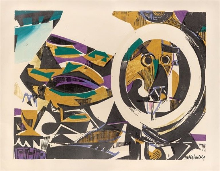 Auf diesem Bild ist das folgende Kunstwerk zu sehen: HAP Grieshaber. „Darbietung“. 1954.