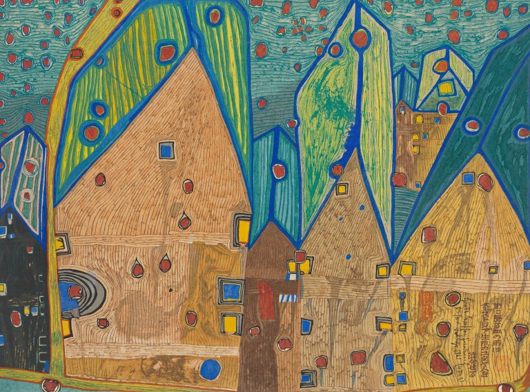 Auf diesem Bild ist das folgende Kunstwerk zu sehen: Friedensreich Hundertwasser. „Häuser im Blutregen“. 1961.