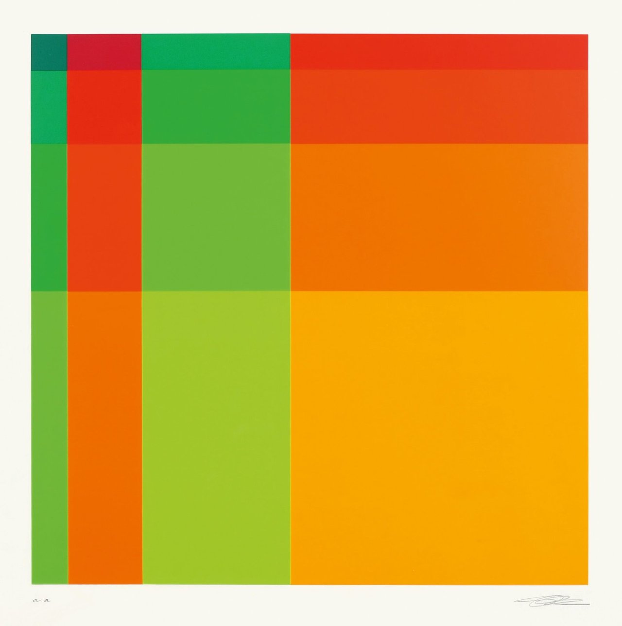 Auf diesem Bild ist das folgende Kunstwerk zu sehen: Richard Paul Lohse. „Diagonal-Vertikal-Horizontal-Progression von gelbroten und grünen Reihen“. 1970.