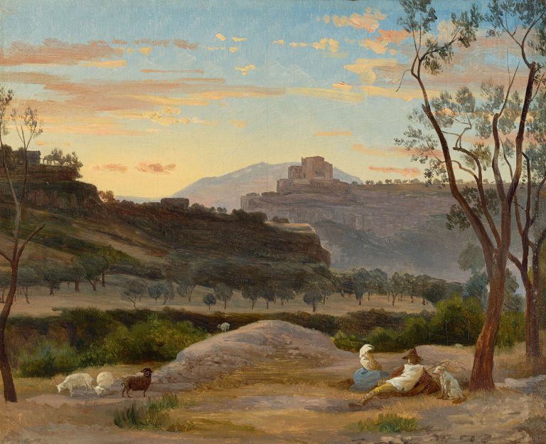 Auf diesem Bild ist das folgende Kunstwerk zu sehen:  Französisch, um 1820. Italienische Landschaft mit Hirten bei Subiaco.