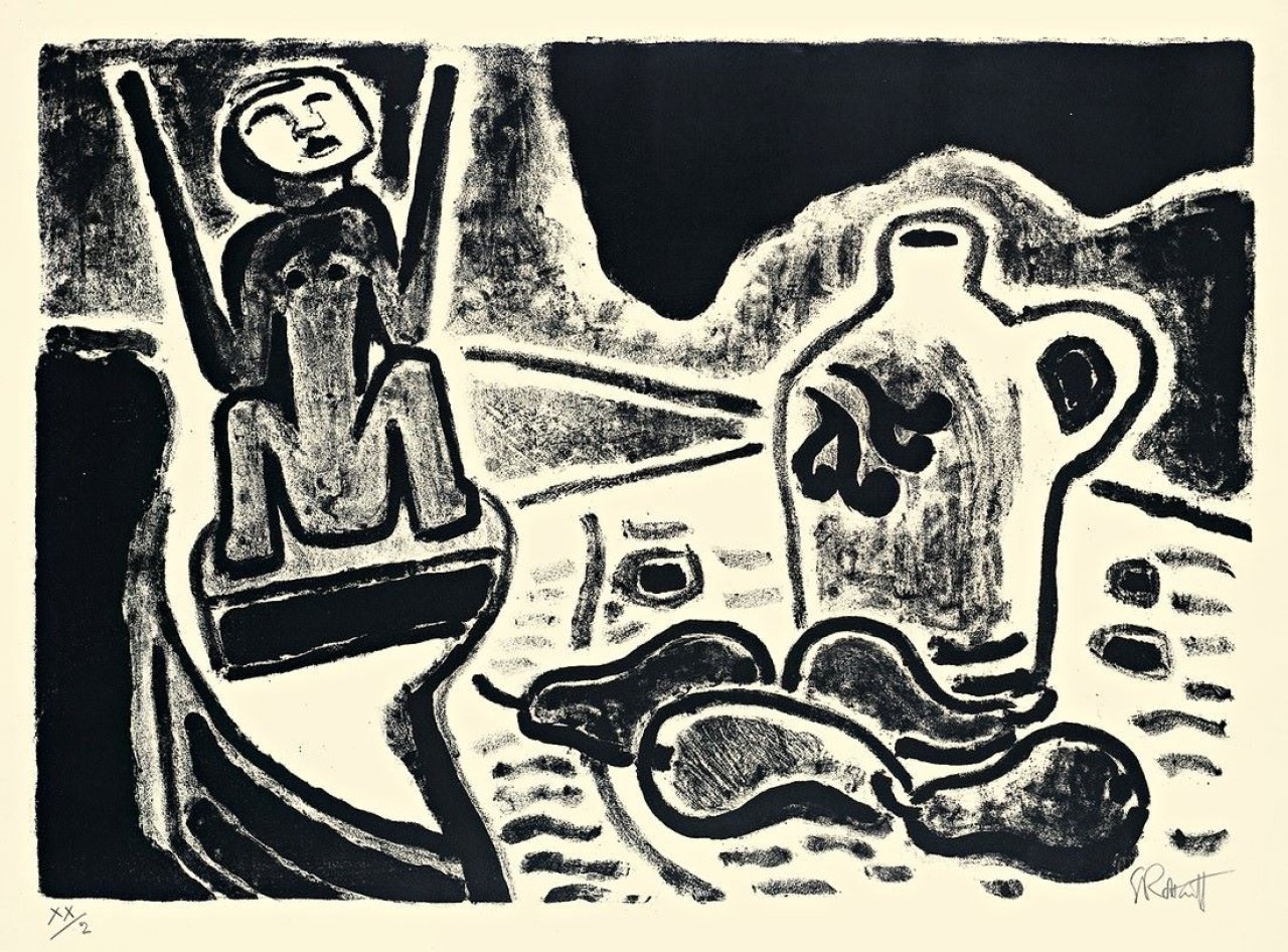 Auf diesem Bild ist das folgende Kunstwerk zu sehen: Karl Schmidt-Rottluff. „Stilleben mit Plastik, Birnen und Krug“. Um 1953/54.