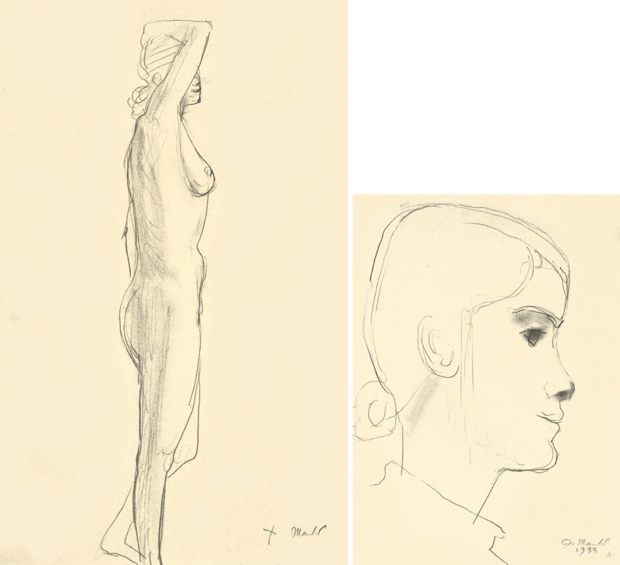 Auf diesem Bild ist das folgende Kunstwerk zu sehen: Gerhard Marcks. Stehende / Kopf im Profil (Trude Jalowetz). 1933.