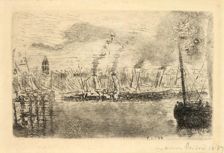 Auf diesem Bild ist das folgende Kunstwerk zu sehen: James Ensor. „Bateaux à vapeur“. 1889.