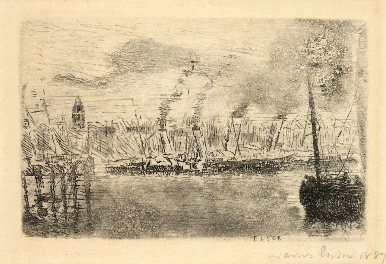 Auf diesem Bild ist das folgende Kunstwerk zu sehen: James Ensor. „Bateaux à vapeur“. 1889.