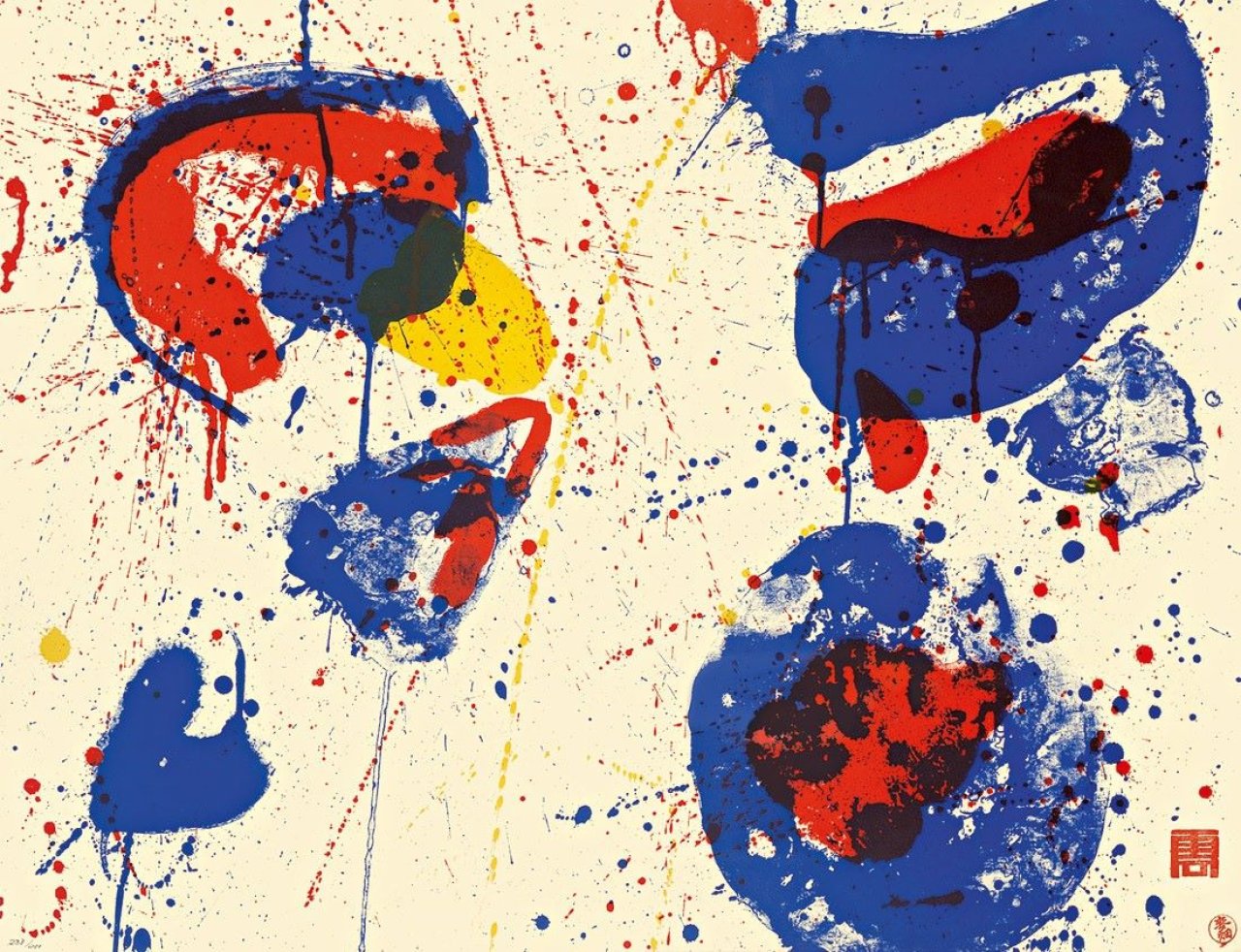Auf diesem Bild ist das folgende Kunstwerk zu sehen: Sam Francis. „Hurrah for the red, white and blue“. 1961.