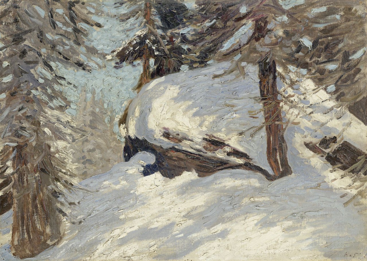 Auf diesem Bild ist das folgende Kunstwerk zu sehen: Hans am Ende. Lärche im Schnee. Um 1910.