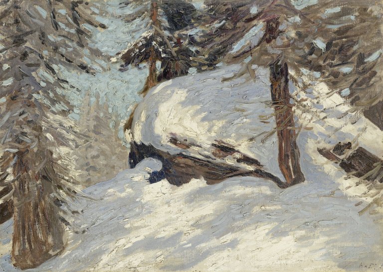 Auf diesem Bild ist das folgende Kunstwerk zu sehen: Hans am Ende. Lärche im Schnee. Um 1910.