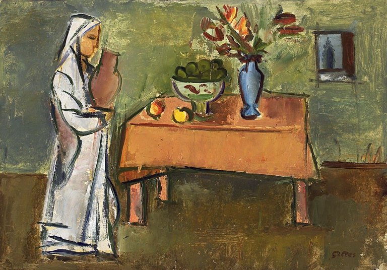 Auf diesem Bild ist das folgende Kunstwerk zu sehen: Werner Gilles. Interieur mit weißer Frau.