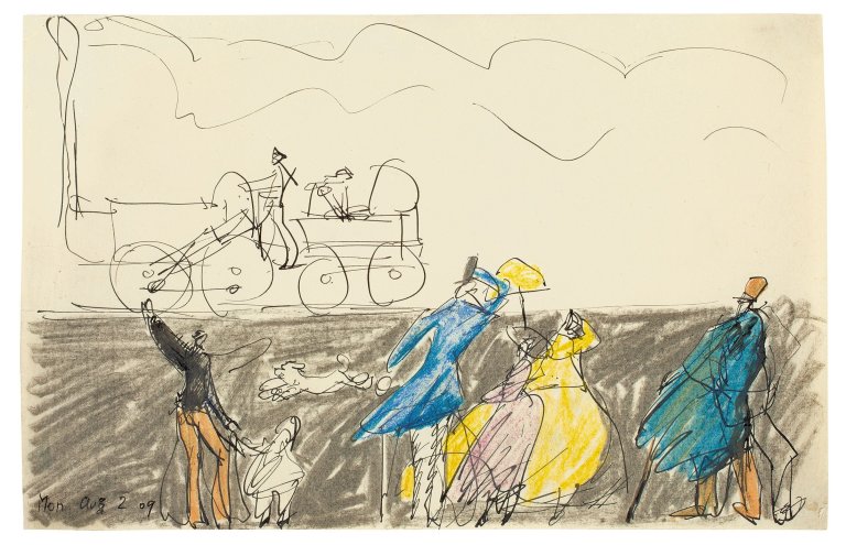 Auf diesem Bild ist das folgende Kunstwerk zu sehen: Lyonel Feininger. Alte Dampflokomotive mit Zuschauern. 1909.