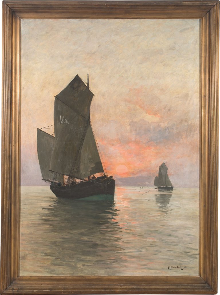 Auf diesem Bild ist das folgende Kunstwerk zu sehen: Max Clarenbach. „Segelboote bei Sonnenuntergang“. 1902.