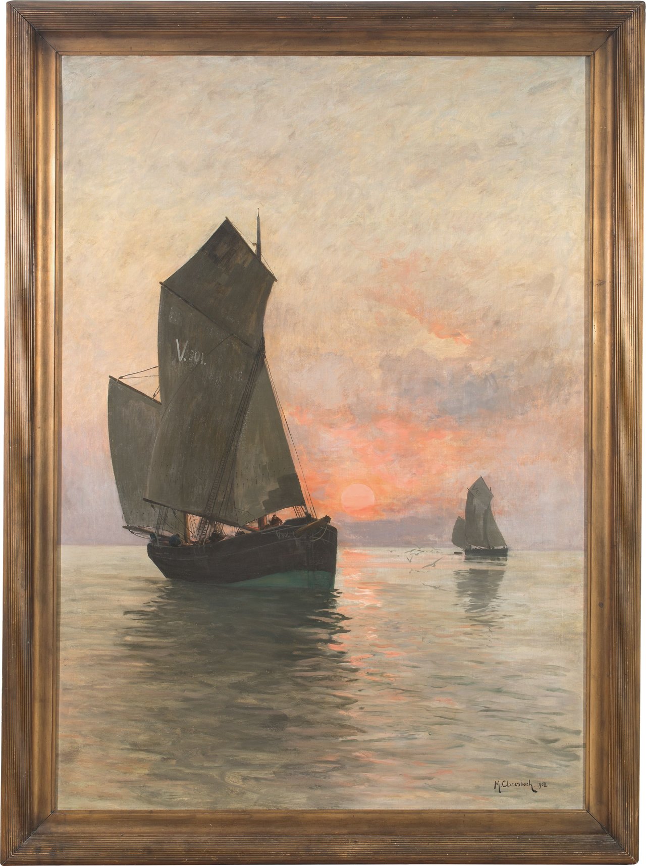 Auf diesem Bild ist das folgende Kunstwerk zu sehen: Max Clarenbach. „Segelboote bei Sonnenuntergang“. 1902.