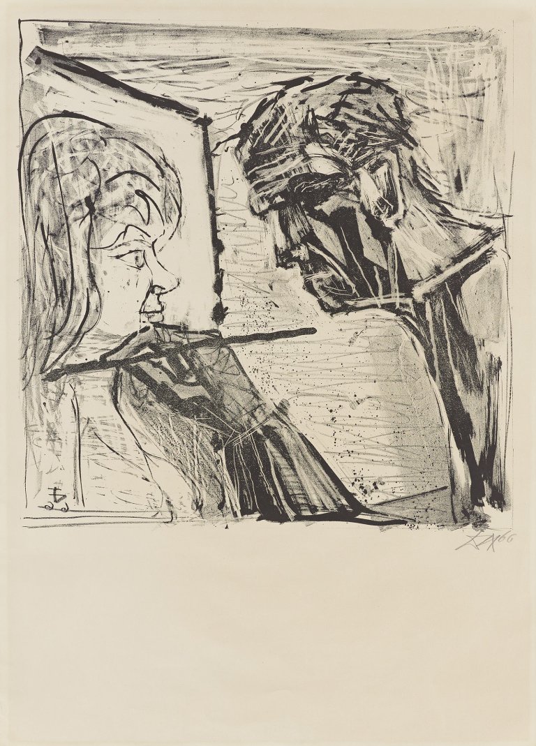 Auf diesem Bild ist das folgende Kunstwerk zu sehen: Otto Dix. "Selbstbildnis im Profil beim Malen". 1966.