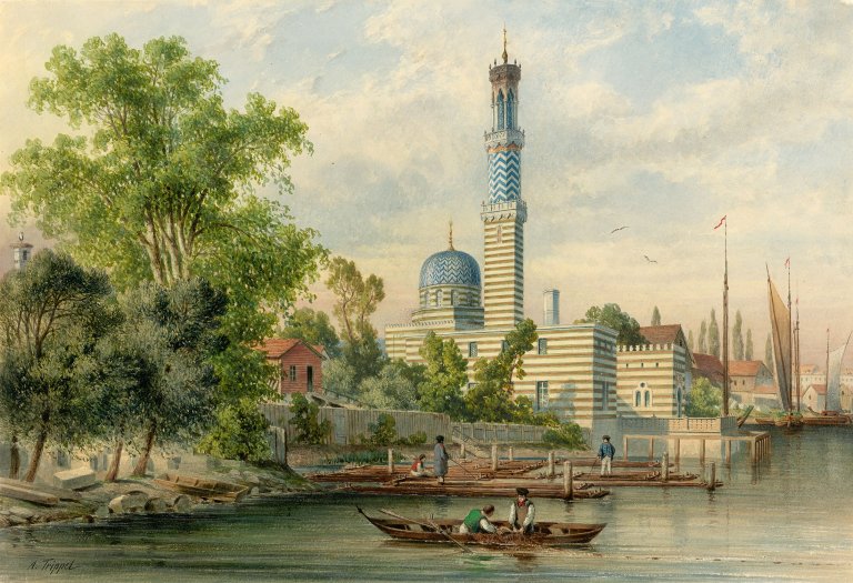 Auf diesem Bild ist das folgende Kunstwerk zu sehen: Albert Ludwig Trippel. Drei Ansichten aus Potsdam und Umgebung (Dorfansicht sowie „Moschee“ und Garnisonskirche in Potsdam). 1840er Jahre.