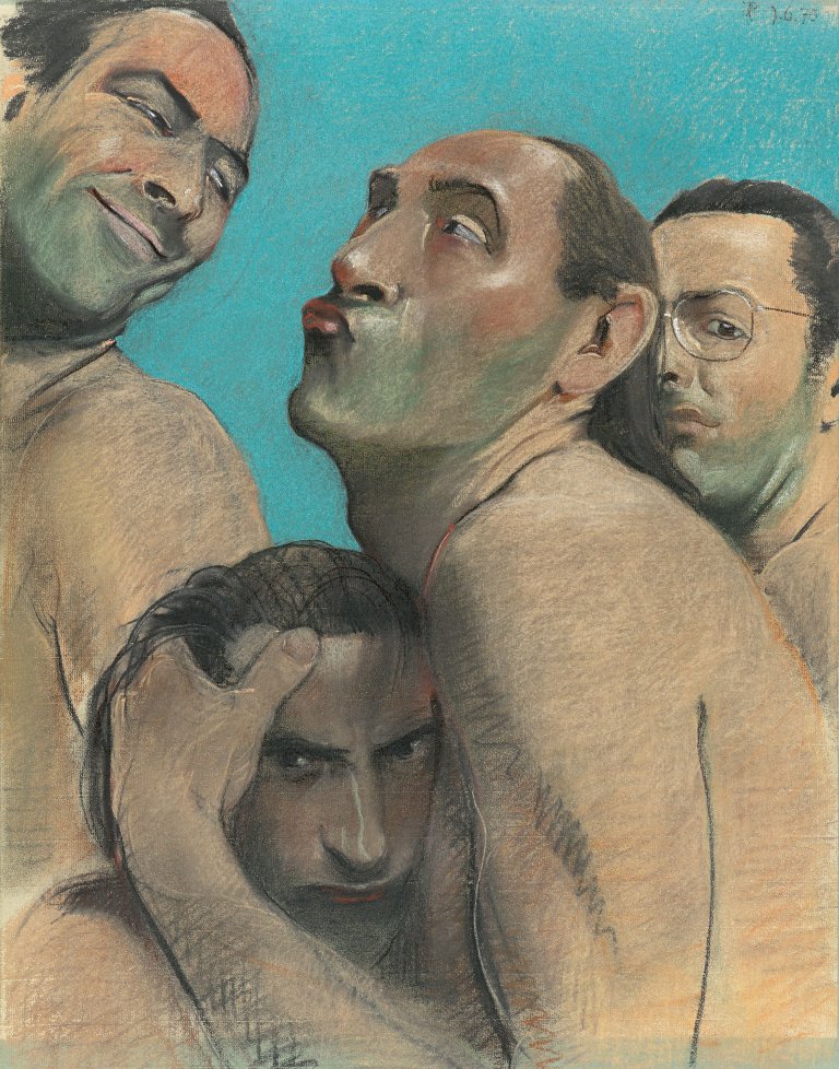 Auf diesem Bild ist das folgende Kunstwerk zu sehen: Johannes Grützke. „Männergesellschaft“. 1975.