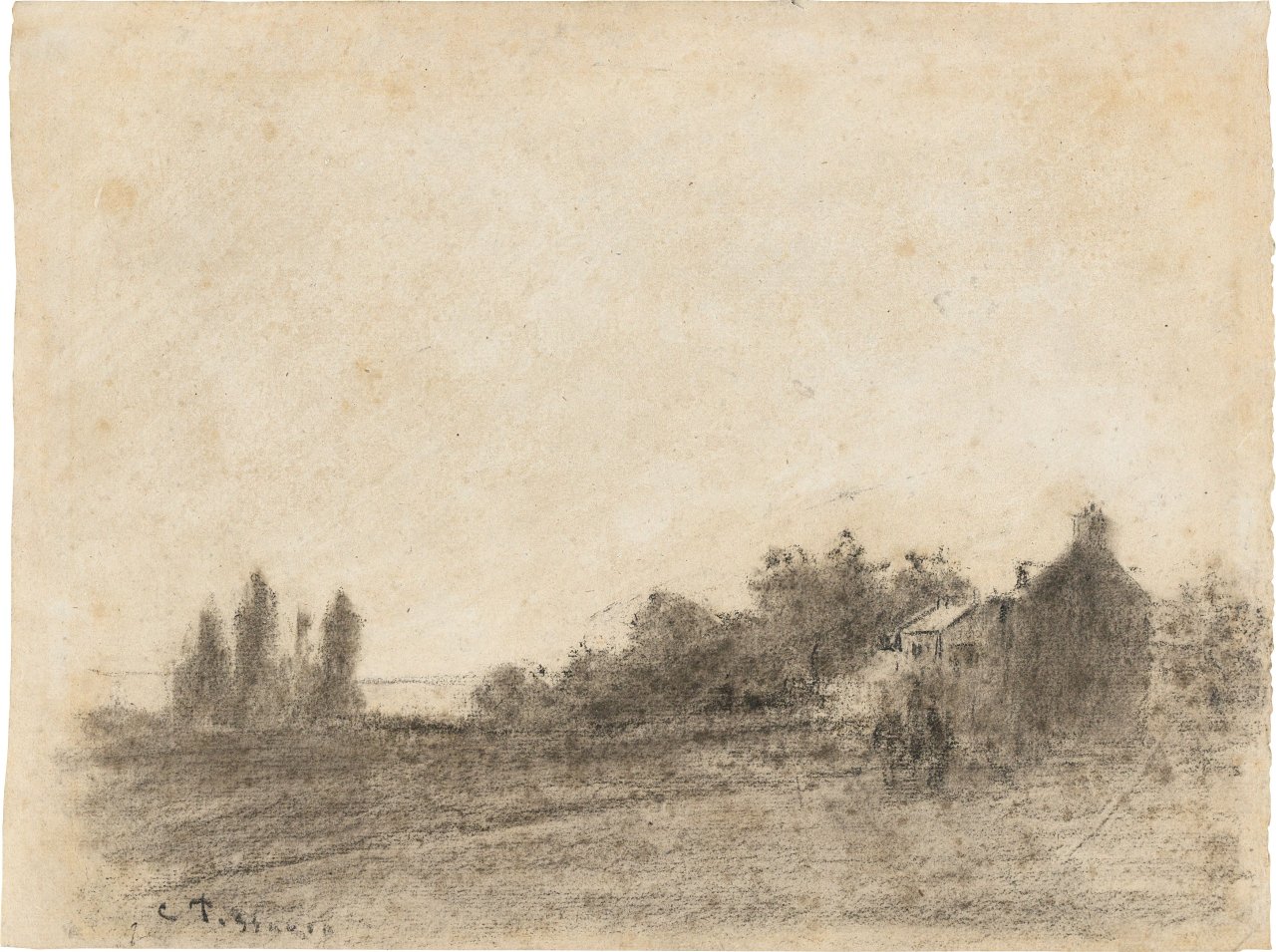 Auf diesem Bild ist das folgende Kunstwerk zu sehen: Camille Pissarro. Landschaft mit Pferdefuhrwerk und Bauernhaus. Um 1855/60.