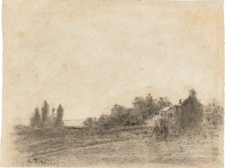 Auf diesem Bild ist das folgende Kunstwerk zu sehen: Camille Pissarro. Landschaft mit Pferdefuhrwerk und Bauernhaus. Um 1855/60.