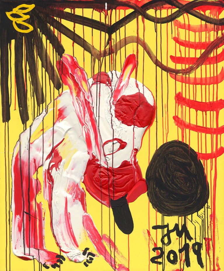 Auf diesem Bild ist das folgende Kunstwerk zu sehen: Jonathan Meese. „DR. NO'S LIEBLINGSHUND „FEATHER STROMIAN“ BELLT NUR KUNST!“. 2019.
