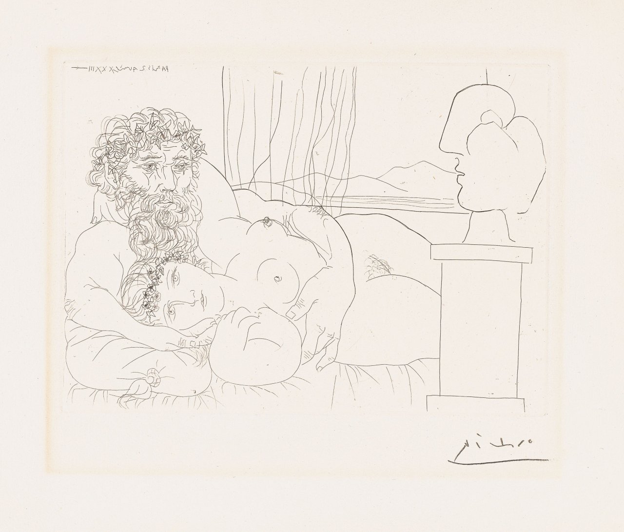 Auf diesem Bild ist das folgende Kunstwerk zu sehen: Pablo Picasso. „Sculpteur et son modèle avec la tête sculptée du modèle“. 1933.