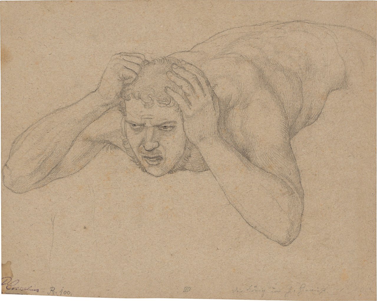 Auf diesem Bild ist das folgende Kunstwerk zu sehen: Peter von Cornelius. Männlicher Halbakt, liegend. 1834-35.