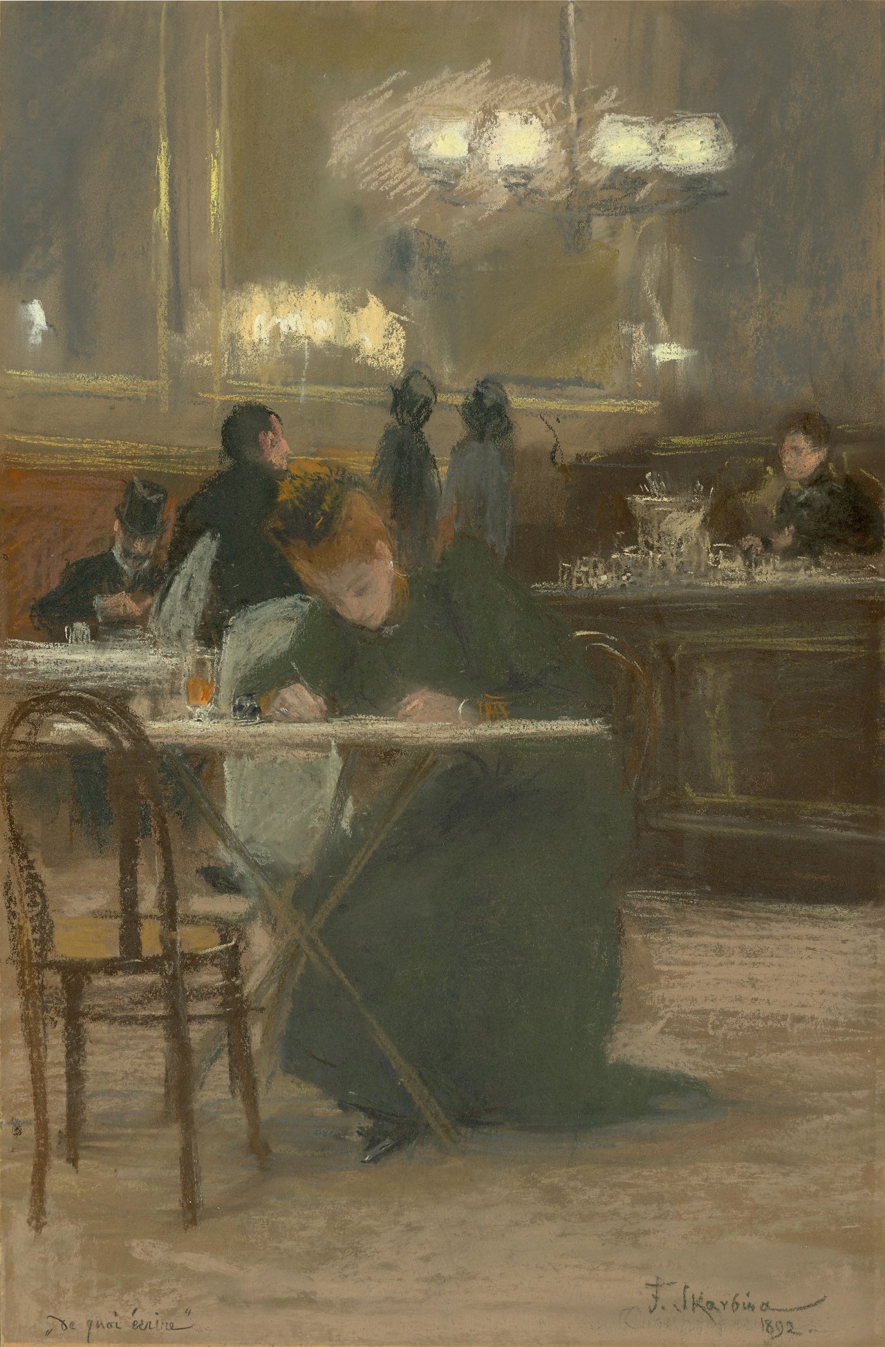 Auf diesem Bild ist das folgende Kunstwerk zu sehen: Franz Skarbina. „De quoi écrire“. 1892.