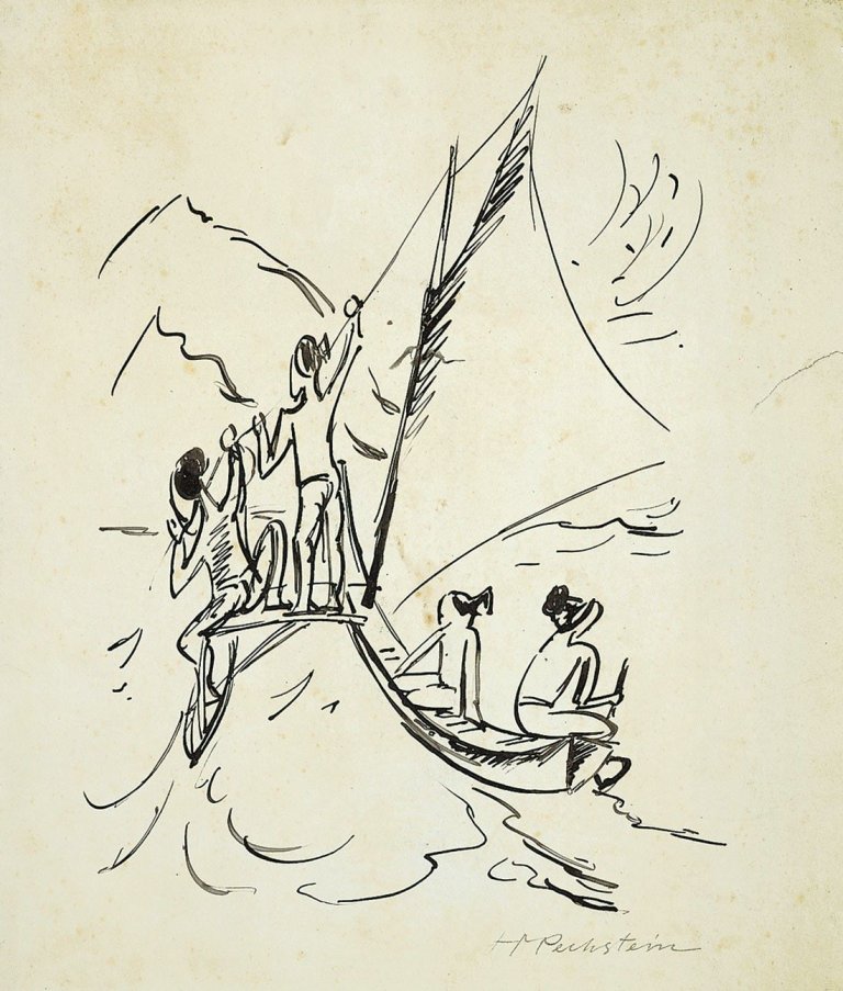 Auf diesem Bild ist das folgende Kunstwerk zu sehen: Max Pechstein. Eingeborene im Auslegerboot (Palau). Um 1914.