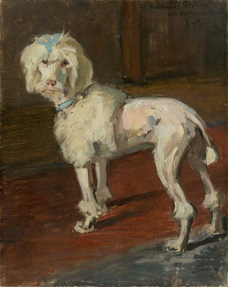 Auf diesem Bild ist das folgende Kunstwerk zu sehen: Leo von König. „Pudel“ – Filipchen, der Pudel von Ella-Maria Haldy (1883–1967). 1905.